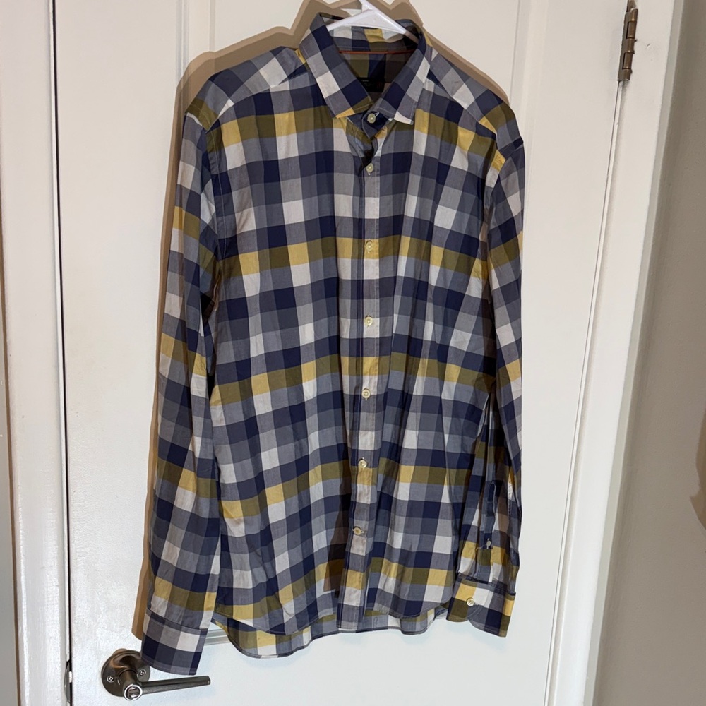 Corneliani Navy and Mustard Plaid Shirt